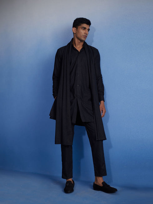 Men's Black Net Front Open Kurta