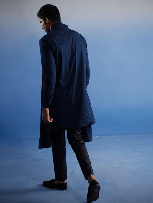 Men's Navy Blue Net Front Open Kurta Only