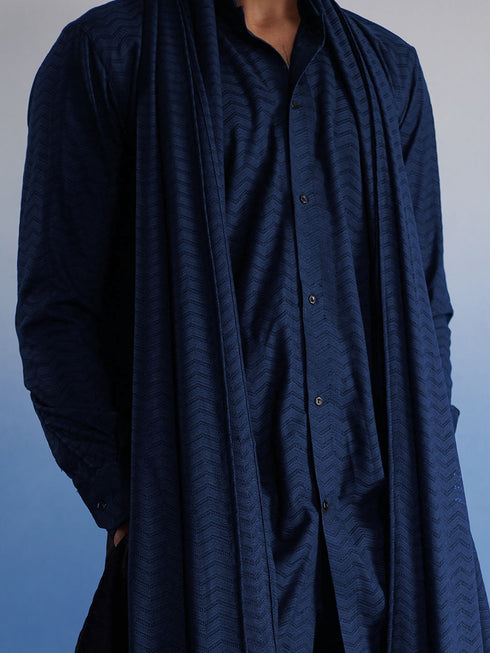 Men's Navy Blue Net Front Open Kurta Only