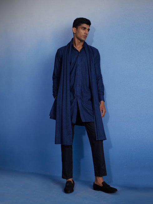 Men's Navy Blue Net Front Open Kurta Only