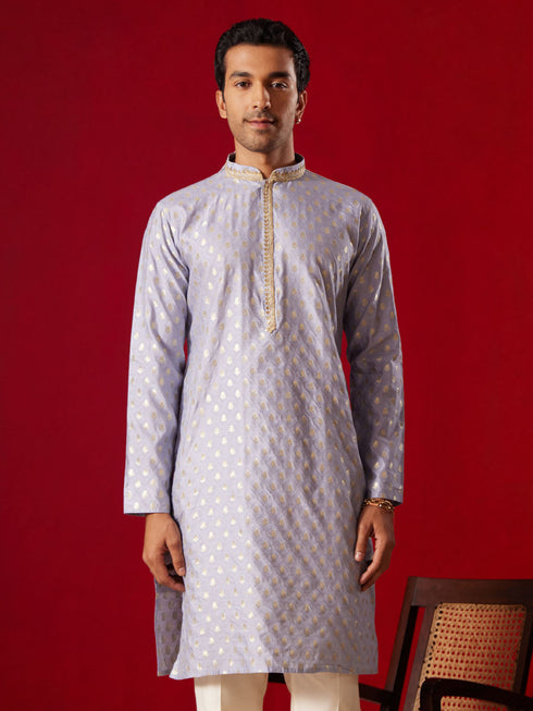 Men's Aqua Blue Silk Blend Jacquard Kurta