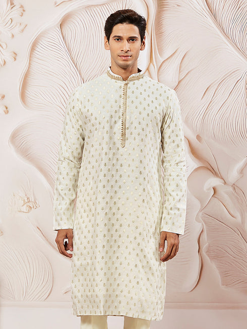 Men's Cream Silk Blend Jacquard Kurta
