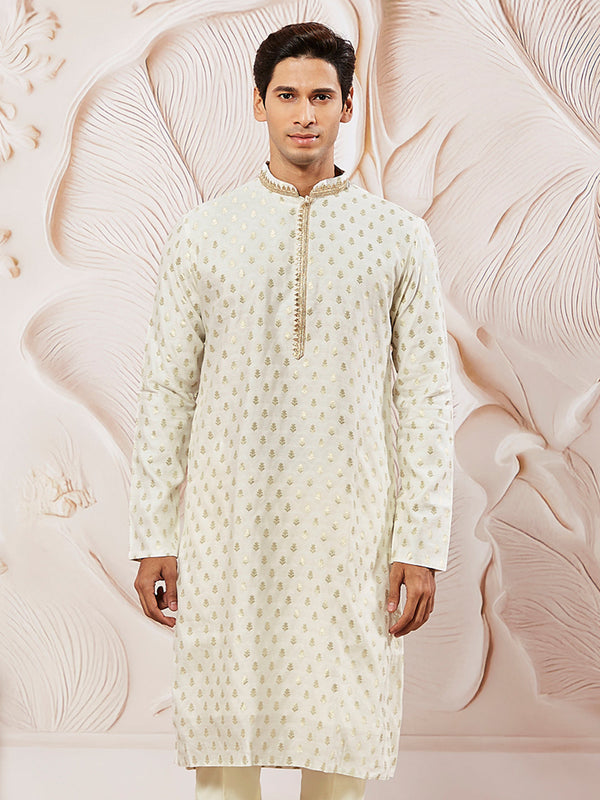 Men's Cream Silk Blend Jacquard Kurta