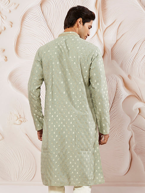 Men's Green Silk Blend Jacquard Kurta