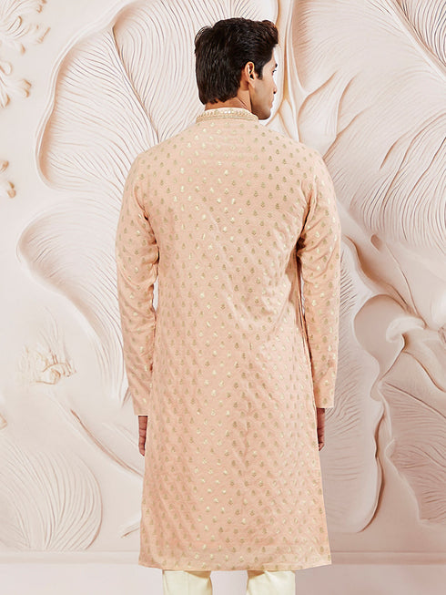 Men's Peach Silk Blend Jacquard Kurta