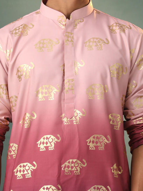 Men's Ombre Elephant Motif Print Cotton Blend Kurta