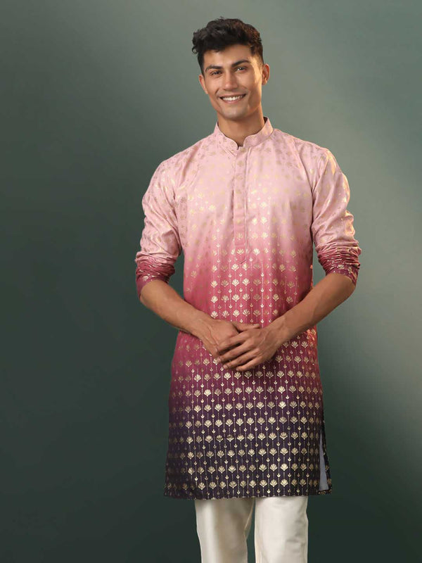 Men's Ombre Floral Motif Print Cotton Blend Kurta