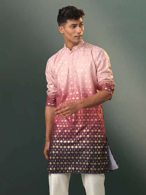 Men's Ombre Floral Motif Print Cotton Blend Kurta