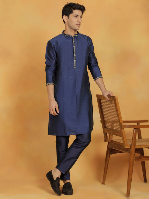 Men's Navy Blue Dupion Silk Kurta Pyjama Set