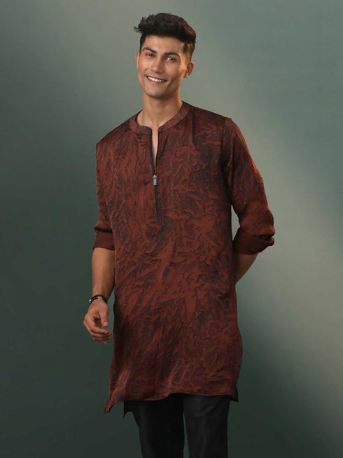 Men's Brown And Black Printed Cotton Blend Kurta