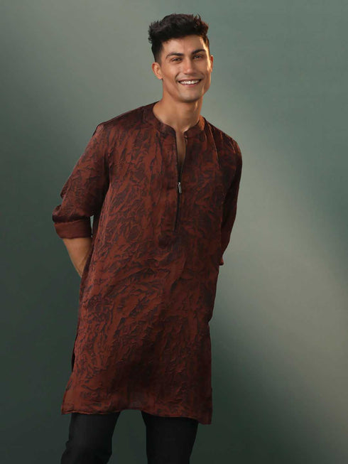 Men's Brown And Black Printed Cotton Blend Kurta