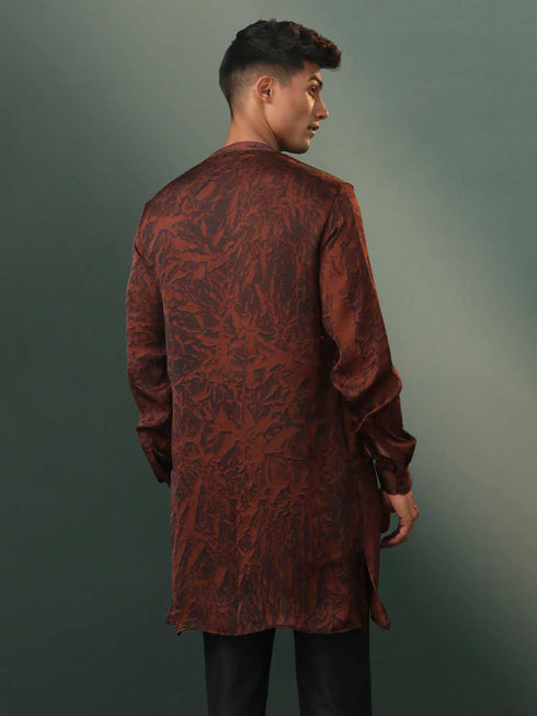 Men's Brown And Black Printed Cotton Blend Kurta