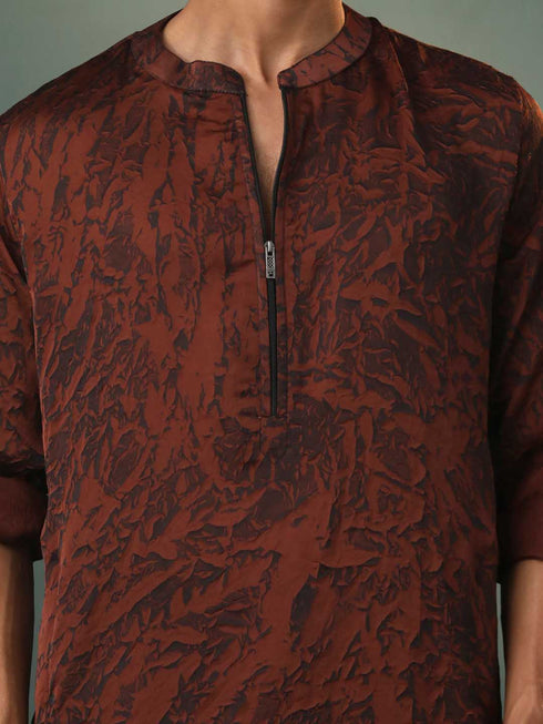 Men's Brown And Black Printed Cotton Blend Kurta