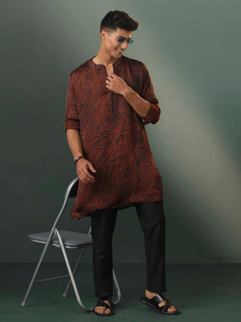 Men's Brown And Black Printed Cotton Blend Kurta
