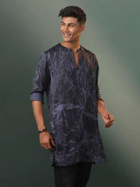 Men's Grey And Black Printed Cotton Blend Kurta