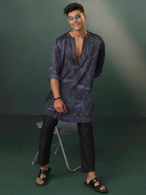 Men's Grey And Black Printed Cotton Blend Kurta