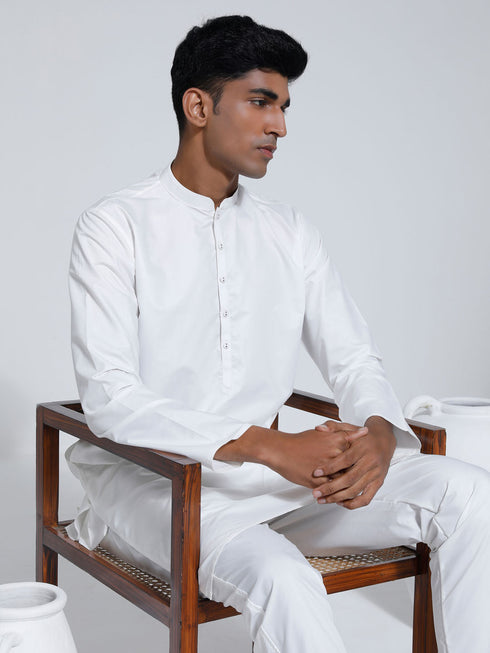 Men's White Cotton Silk Kurta And Pyjama Set