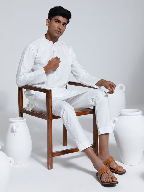 Men's White Cotton Silk Kurta And Pyjama Set