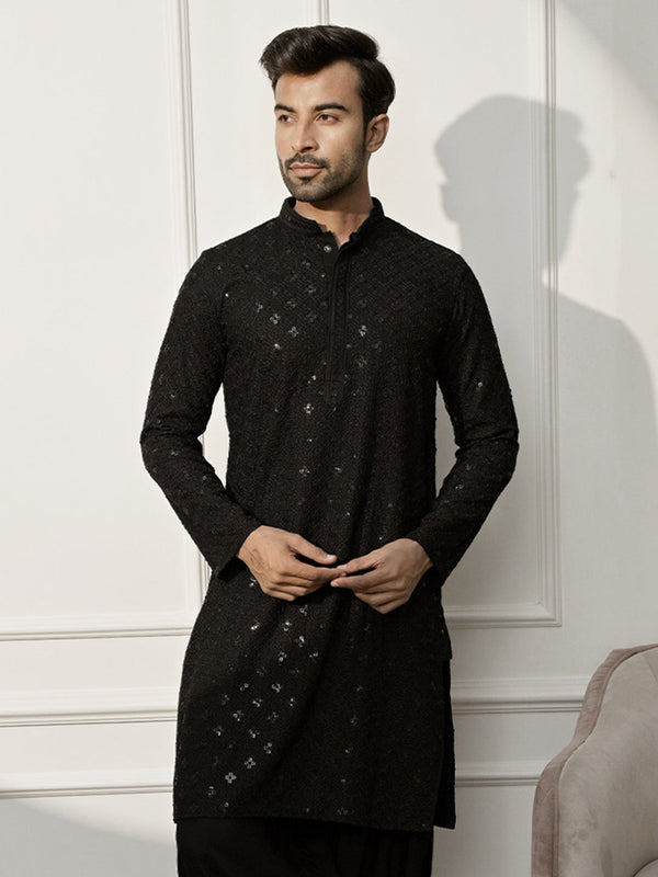 Men Black Rayon Sequin & Thread Embroidered Festive Kurta