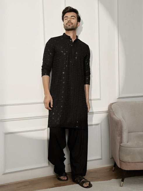 Men Black Rayon Sequin & Thread Embroidered Festive Kurta
