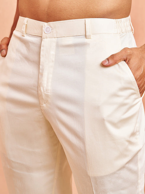Men's Peach Chikankari Kurta with Cream Pant Set