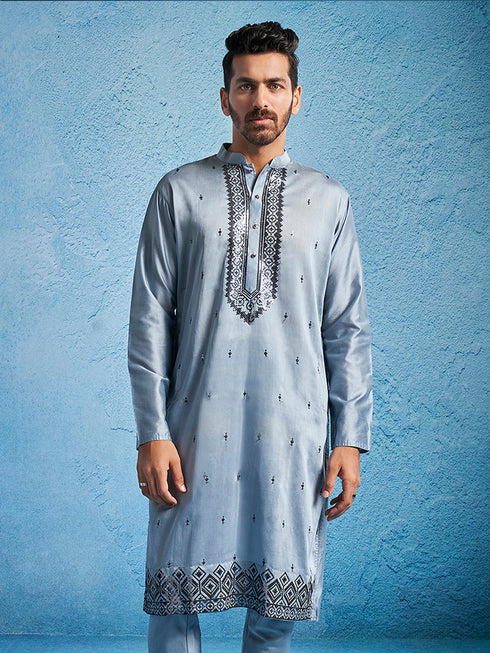Men's Grey Silk Blend Kurta