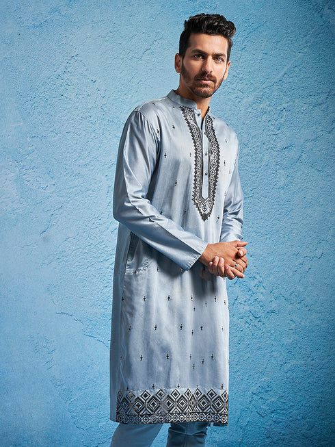 Men's Grey Silk Blend Kurta