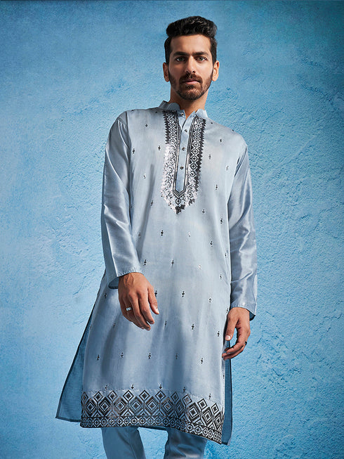 Men's Grey Silk Blend Kurta