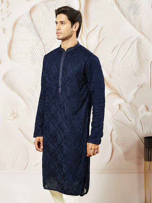 Men's Navy Blue Georgette Kurta