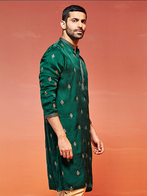 Men's Bottle Green Silk Blend Kurta