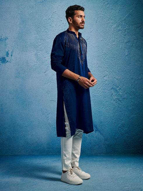 Men's Turquoise Silk Blend Kurta And Pyjama Set