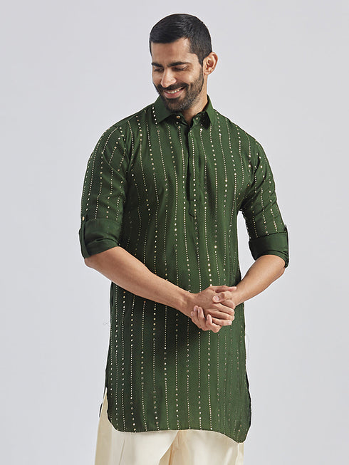 Men's Bottle Green Silk Blend Kurta