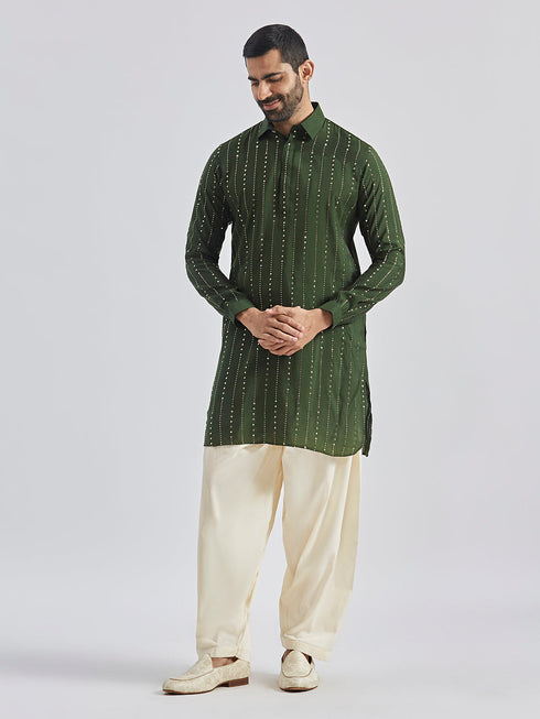 Men's Bottle Green Silk Blend Kurta
