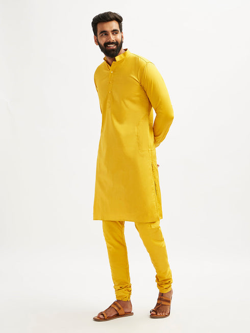Men's Yellow Cotton Blend Kurta Pyjama Set