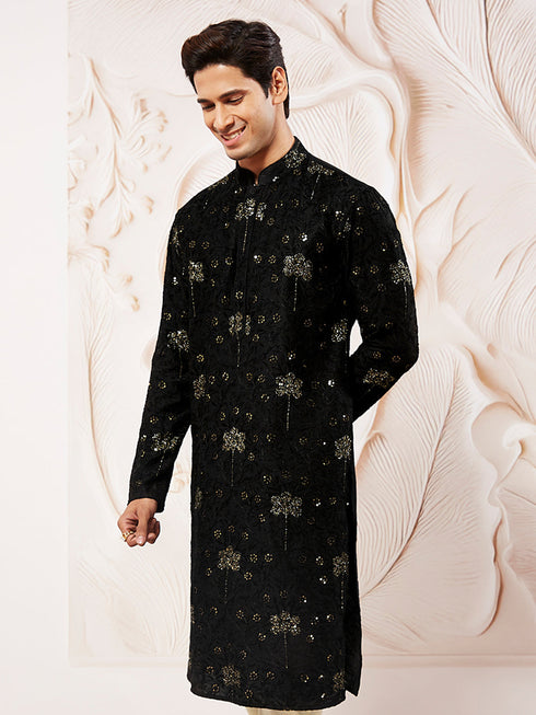 Men's Black Silk Blend Kurta