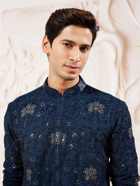 Men's Navy Blue Silk Blend Kurta