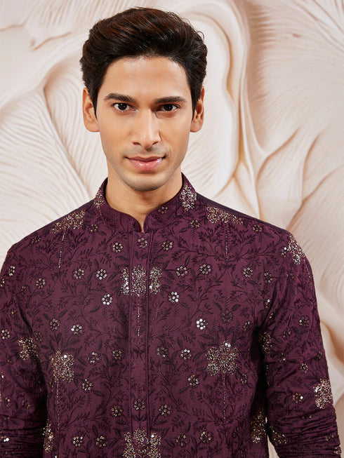 Men's Wine Silk Blend Kurta