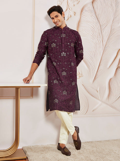 Men's Wine Silk Blend Kurta
