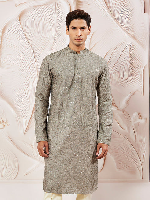 Men's Gray Silk Blend Kurta