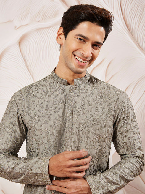 Men's Gray Silk Blend Kurta