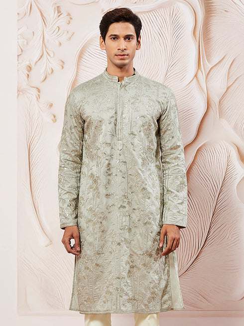 Men's Gray Silk Blend Kurta