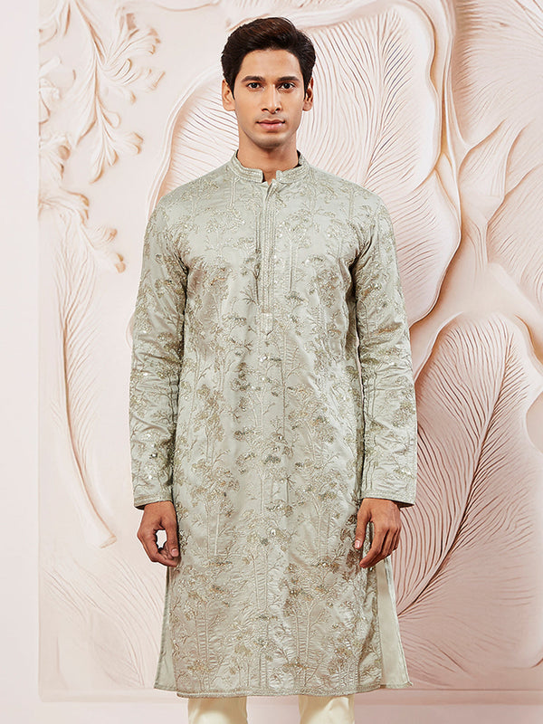 Men's Gray Silk Blend Kurta