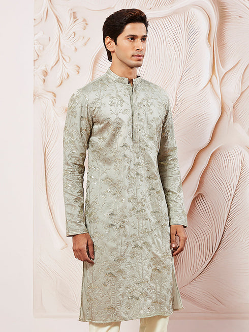 Men's Gray Silk Blend Kurta