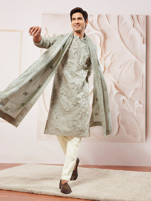 Men's Gray Silk Blend Kurta