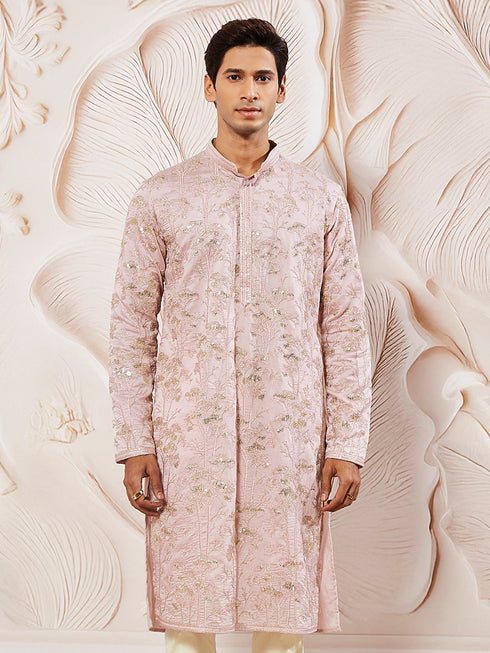 Men's Pink Silk Blend Kurta