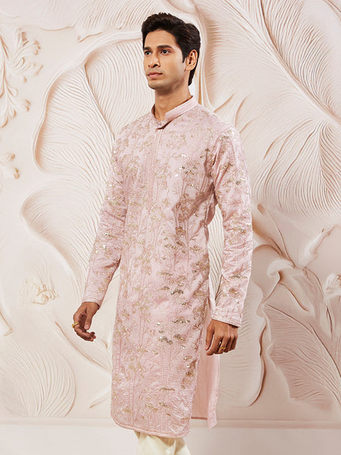 Men's Pink Silk Blend Kurta