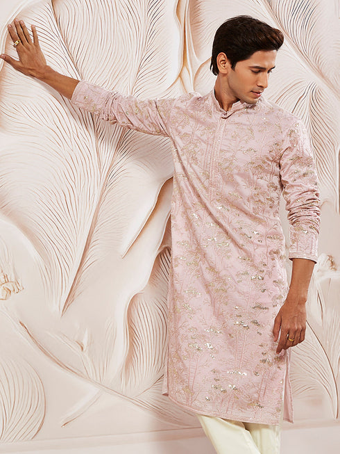 Men's Pink Silk Blend Kurta