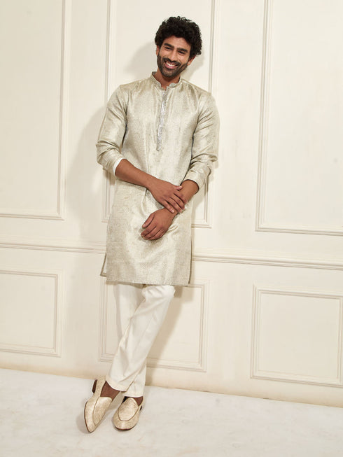 Men's Beige Tissue Silk Kurta