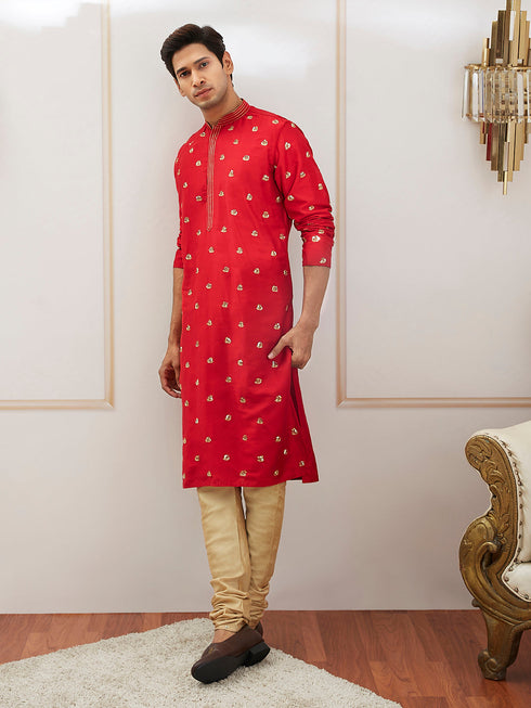 Men's Red Viscose Kurta