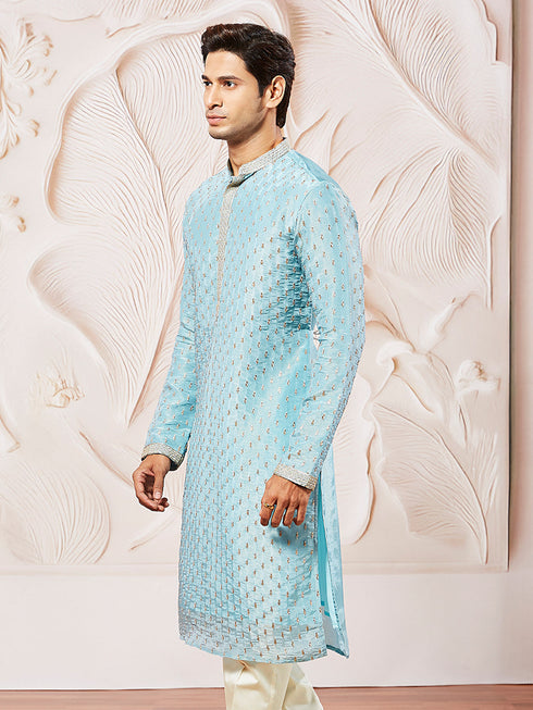 Men's Aqua Tissue Silk Kurta